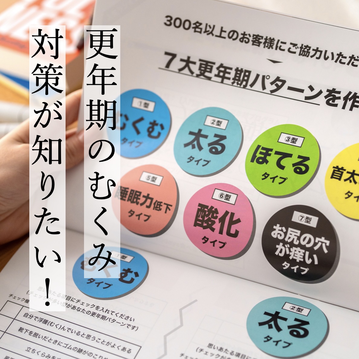 更年期のむくみで悩んでいる女性が更年期タイプ診断の資料を読んでいる