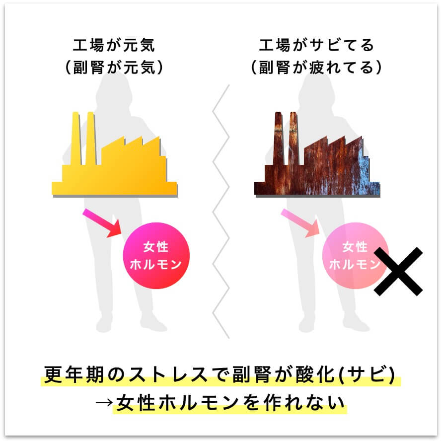 更年期のストレスで副腎が酸化している図