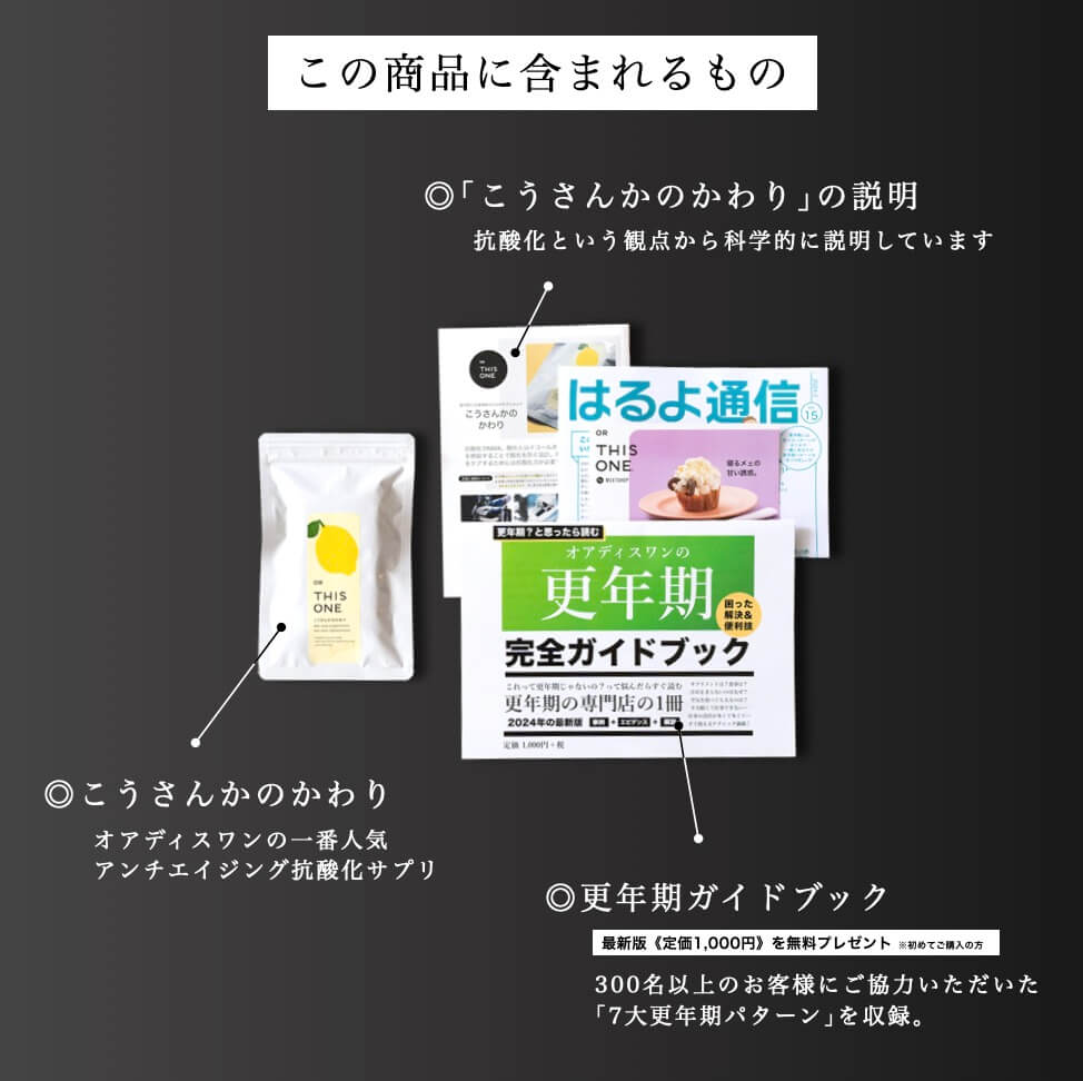 更年期専門店オアディスワンのサプリ「こうさんかのかわり」を購入したら届く商品一覧