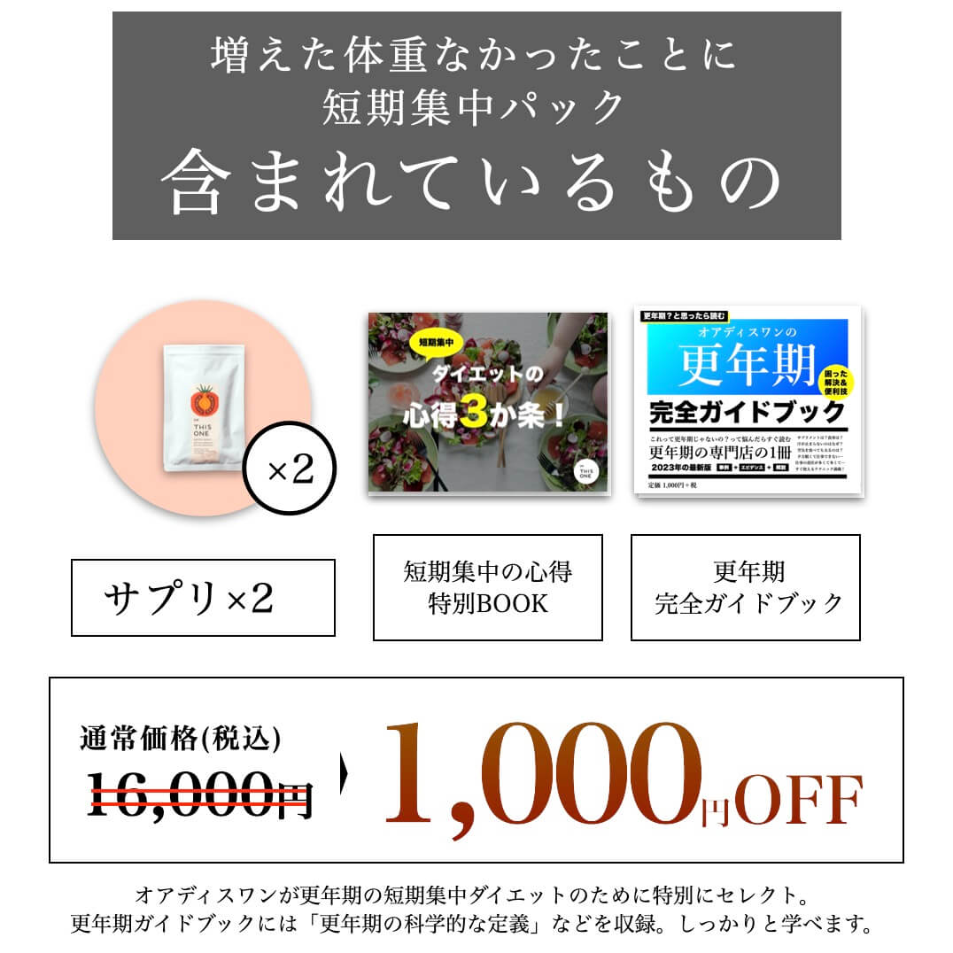 更年期専門店オアディスワンの更年期太り解消パックに含まれる商品イメージ
