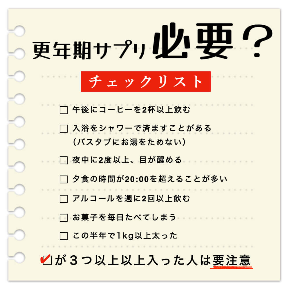 更年期サプリが必要か？をチェックするための更年期のチェックリストの画像