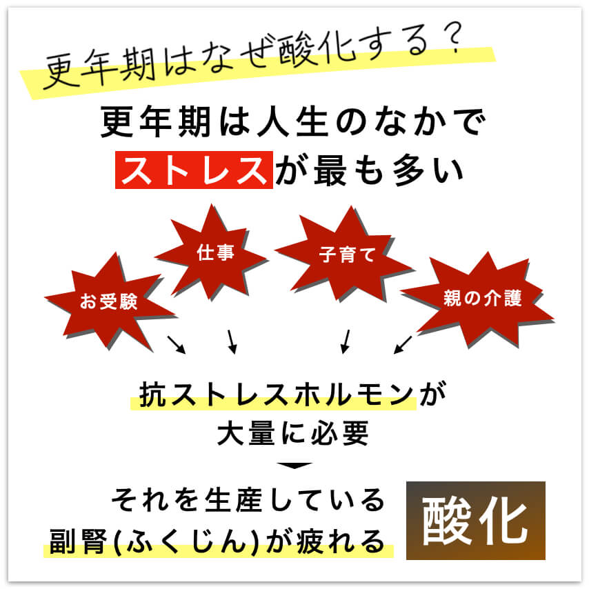 更年期の副腎がストレスによって酸化することを説明する図