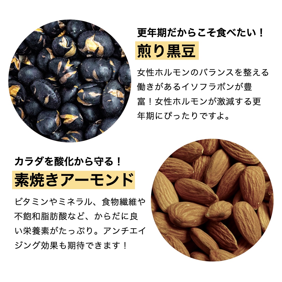 更年期専門店オアディスワンのおきかえナッツ「はつらっつ」に含まれる黒豆とアーモンドの栄養価を説明しているイメージ
