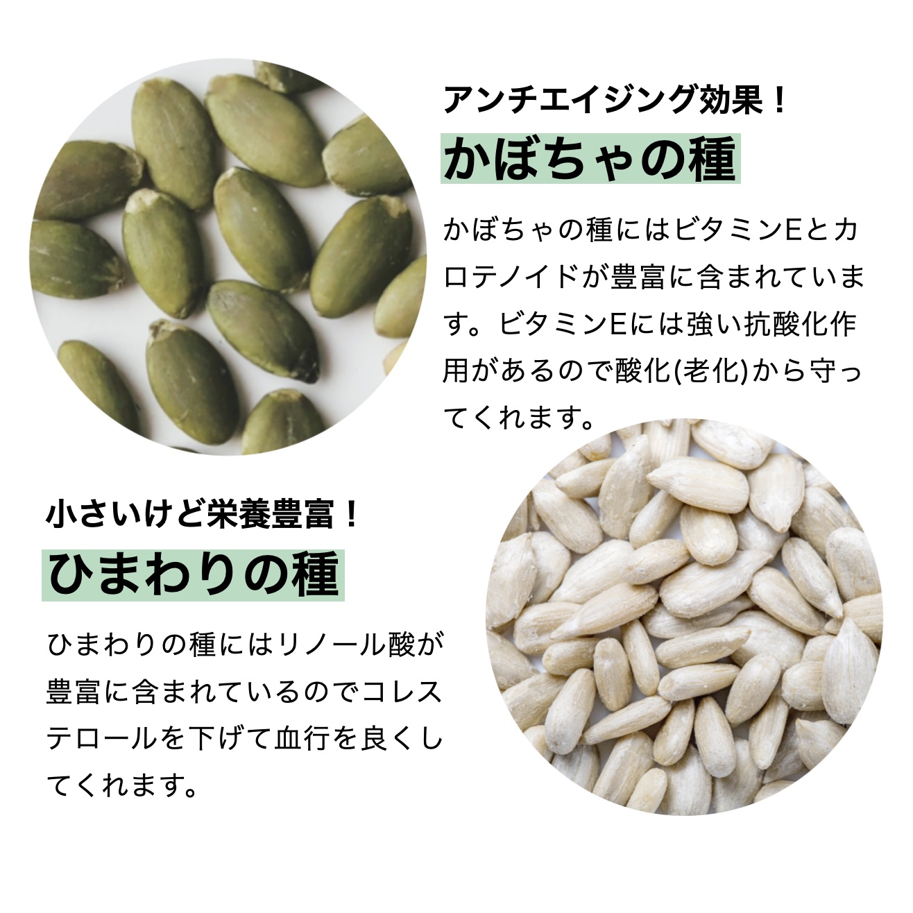 副交感神経ナッツに入っているカボチャの種とひまわりの種の栄養価と効果について説明している画像イメージ