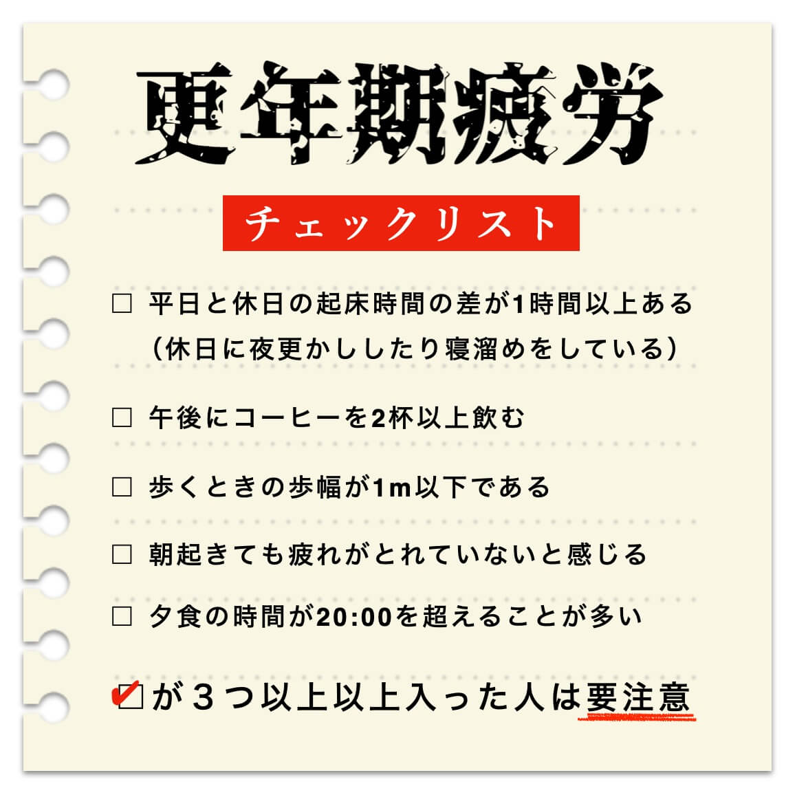 疲労回復サプリが必要か？をチェックするための更年期疲労のチェックリストの画像