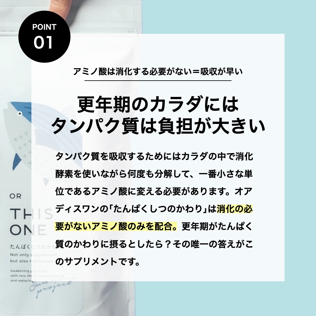 更年期専門店オアディスワンのサプリメント「たんぱくしつのかわり」3つの特徴をまとめた画像のイメージ