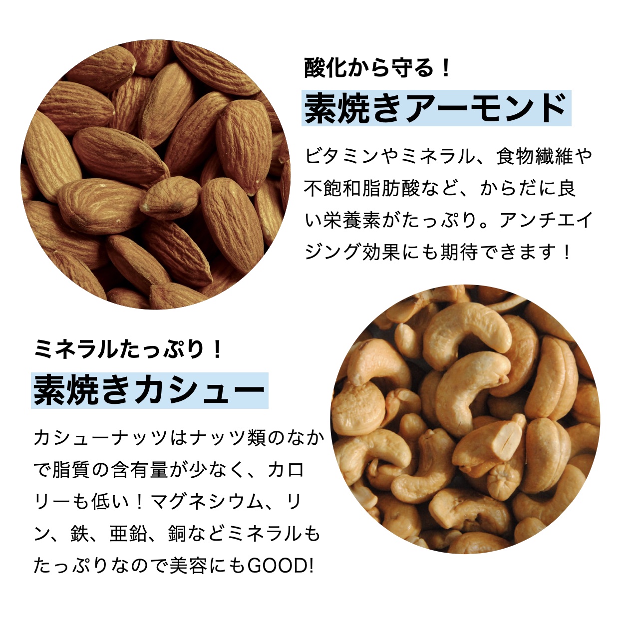 たんぱくしっつに入っている素焼きアーモンドと素焼きカシューナッツの栄養価と効果について説明している画像イメージ