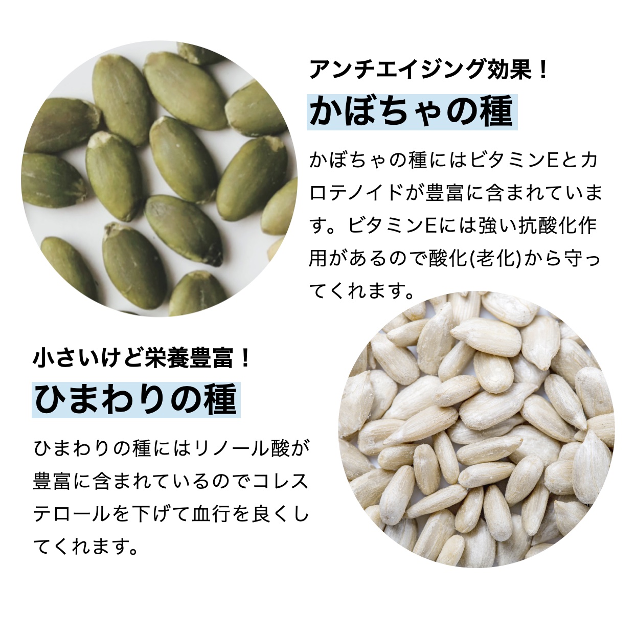 おきかえナッツ「たんぱくしっつ」に入っているカボチャの種とひまわりの種の栄養価を説明しているイメージ